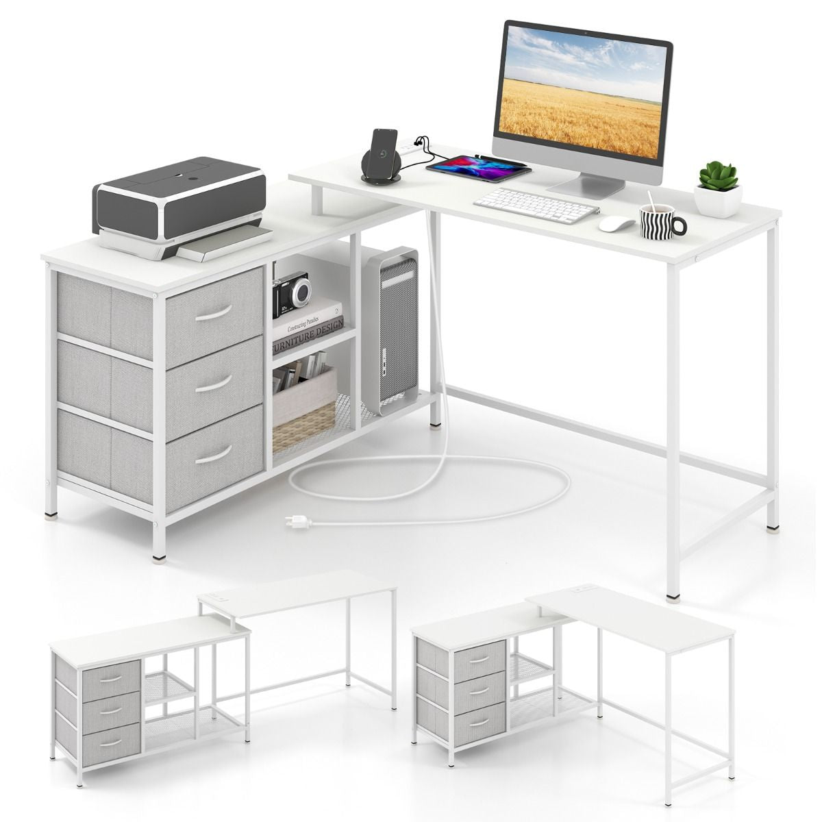 Scrivania per Computer a Forma Di L Con Prese, Scrivania Convertibile Con 3 Cassetti Di Tessuto E Ripiani in Metallo 3 Colori