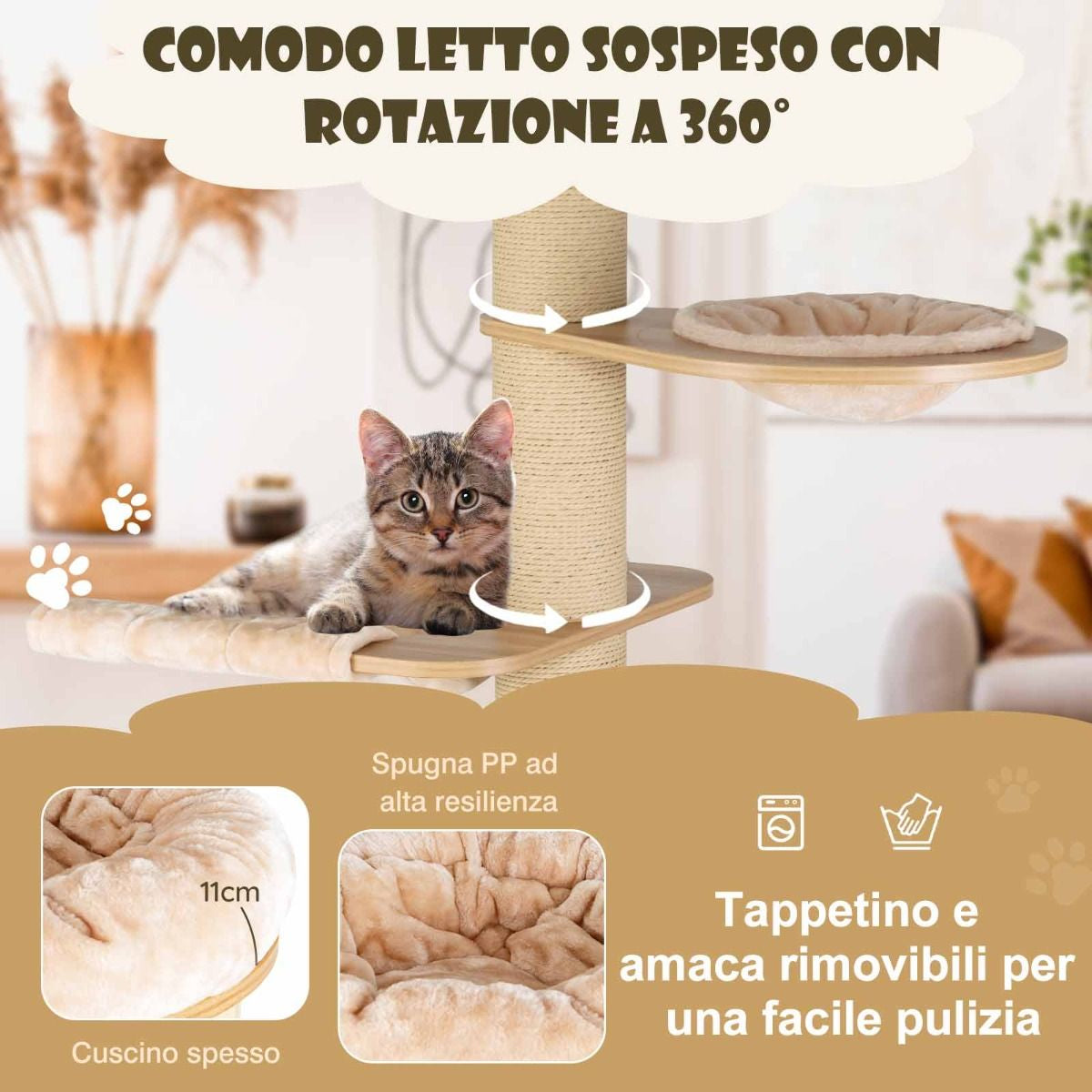Albero Tiragraffi per Gatti Moderno E Alto, Albero per Gatti Multistrato Con Nicchia in Legno Trespolo Beige