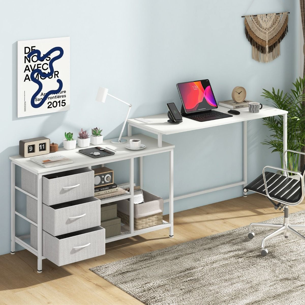 Scrivania per Computer a Forma Di L Con Prese, Scrivania Convertibile Con 3 Cassetti Di Tessuto E Ripiani in Metallo 3 Colori