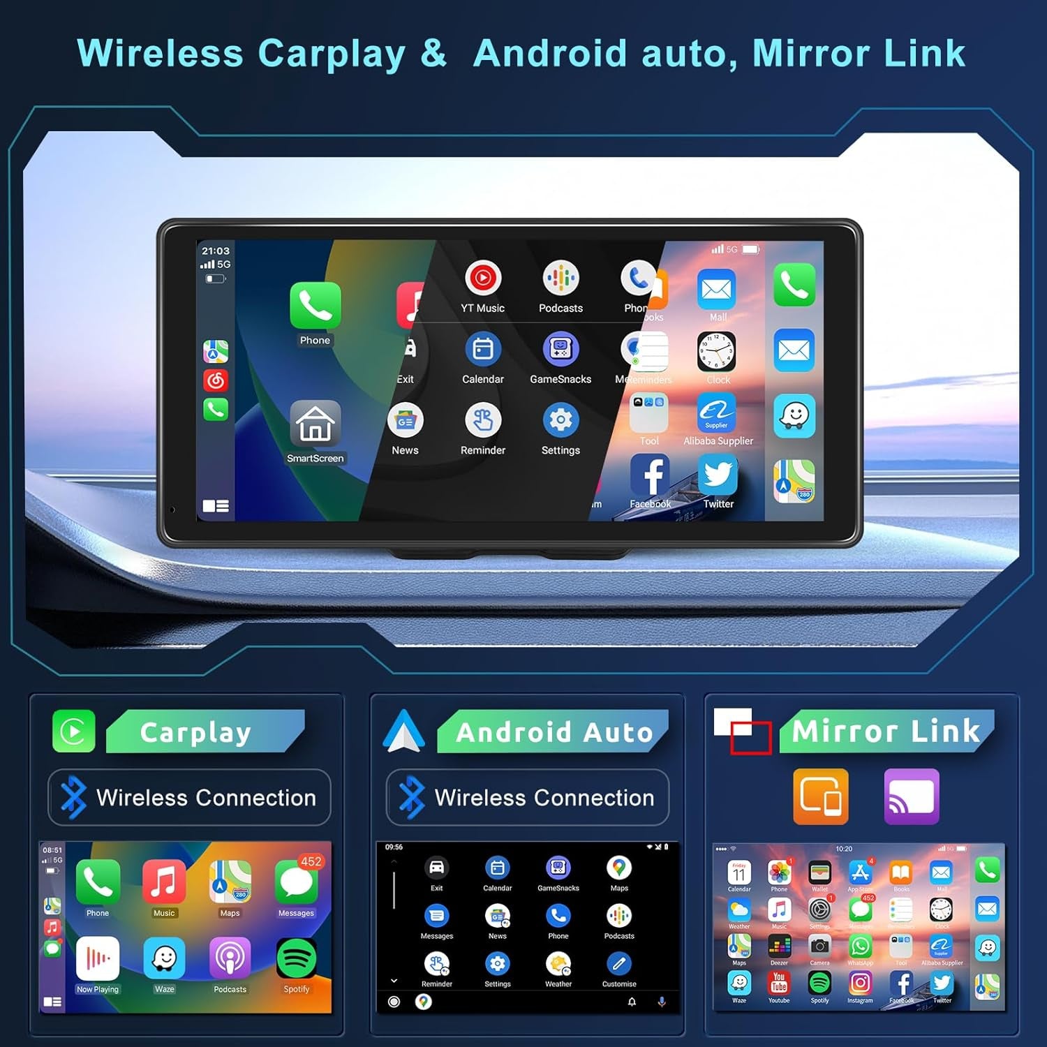 10.36-Inch Wireless Car Radio with CarPlay and Android Auto, Touch Screen Display, Bluetooth, Airplay, Mirror Link, FM/AUX/TF Compatibility