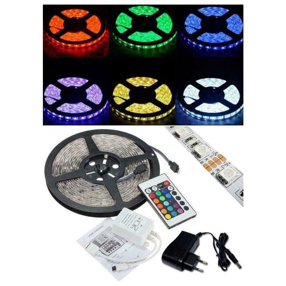 STRISCIA a LED SMD 5050 RGB IP65 5 METRI BOBINA CON ALIMENTATORE E TELECOMANDO