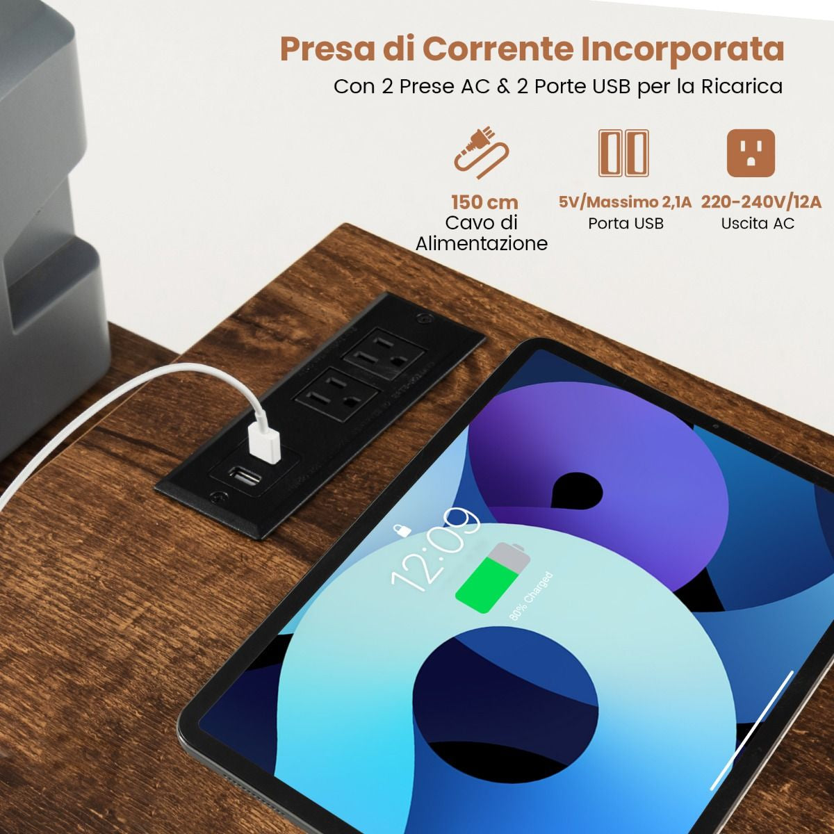 Scrivania per Computer a Forma Di L Con Prese, Scrivania Convertibile Con 3 Cassetti Di Tessuto E Ripiani in Metallo 3 Colori