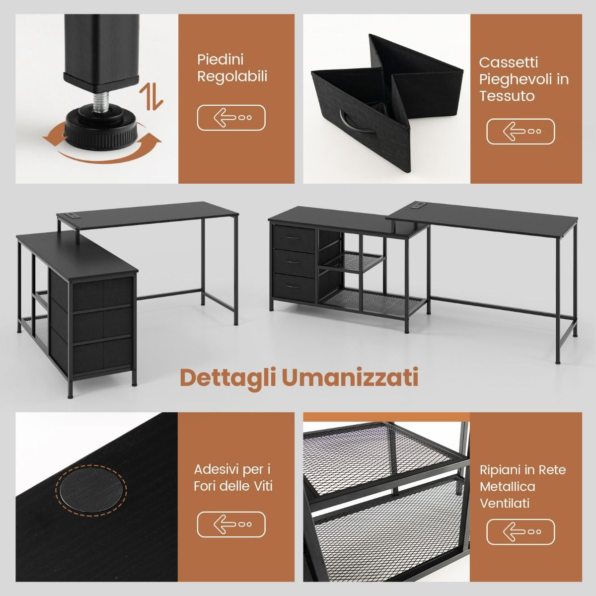 Scrivania per Computer a Forma Di L Con Prese, Scrivania Convertibile Con 3 Cassetti Di Tessuto E Ripiani in Metallo 3 Colori