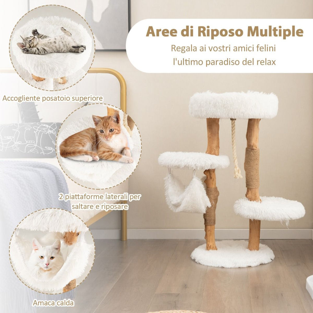 Albero Tiragraffi per Gatti in Legno Con Pali Di Corda Di Iuta, Mobile per Gatti Con Piattaforma E Amaca Bianco