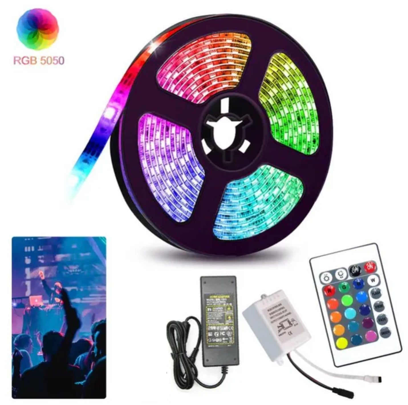 STRISCIA a LED SMD 5050 RGB IP65 5 METRI BOBINA CON ALIMENTATORE E TELECOMANDO