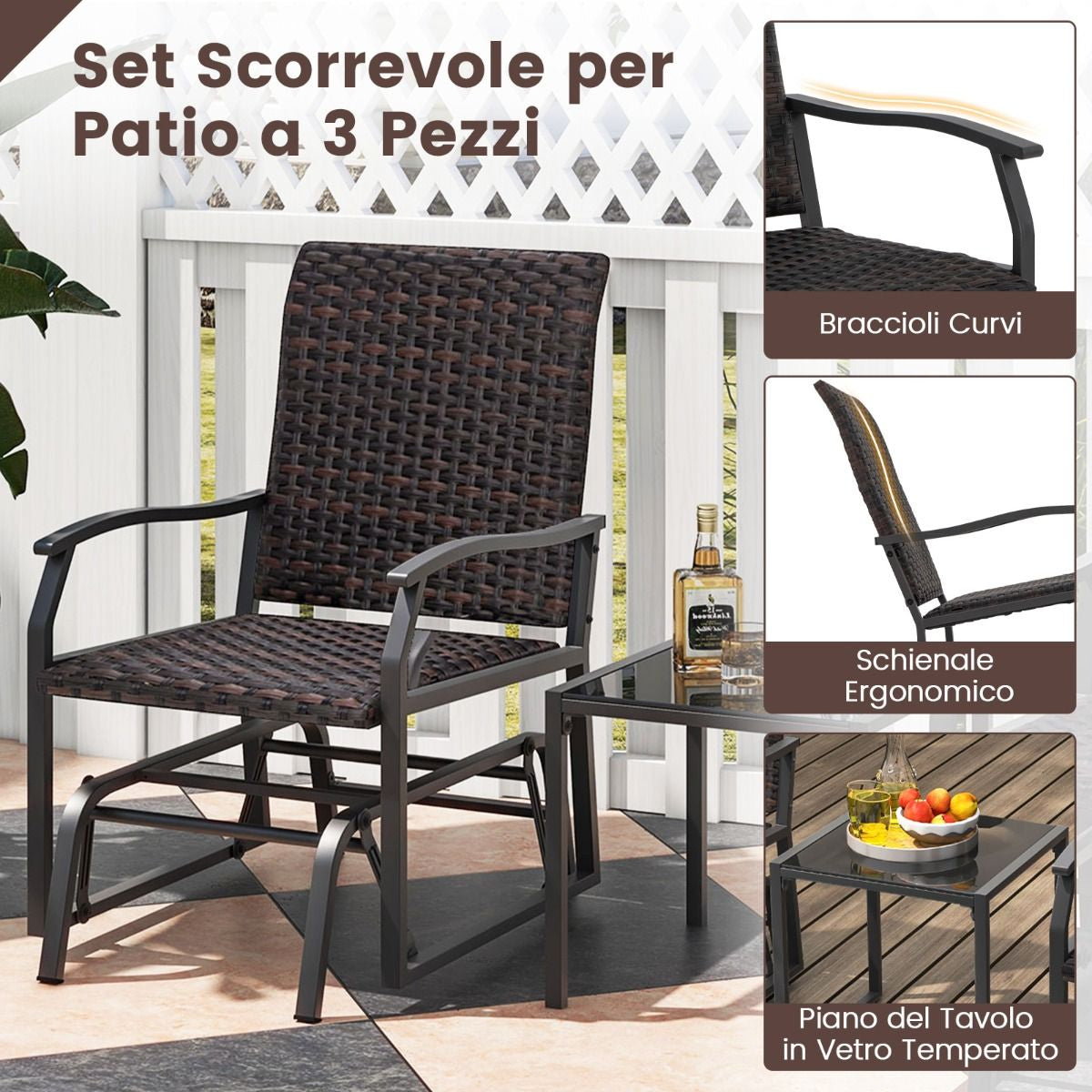 Elegante Set Da Giardino a Dondolo in Rattan Marrone: Comfort e Stile per il Tuo Spazio Esterno