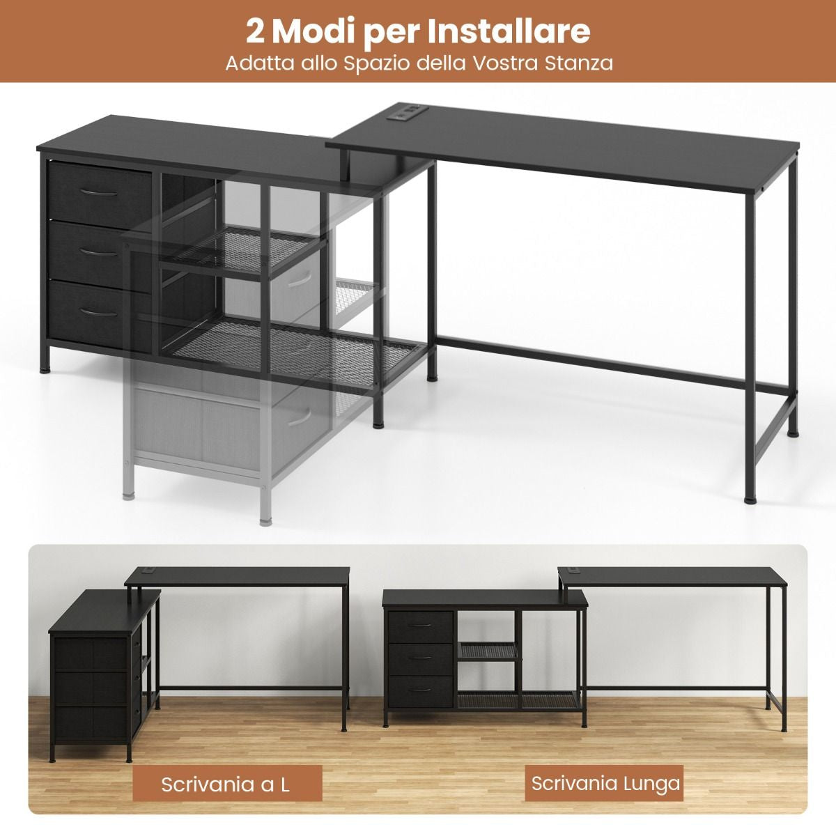 Scrivania per Computer a Forma Di L Con Prese, Scrivania Convertibile Con 3 Cassetti Di Tessuto E Ripiani in Metallo 3 Colori