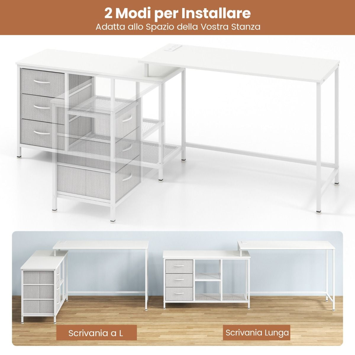 Scrivania per Computer a Forma Di L Con Prese, Scrivania Convertibile Con 3 Cassetti Di Tessuto E Ripiani in Metallo 3 Colori