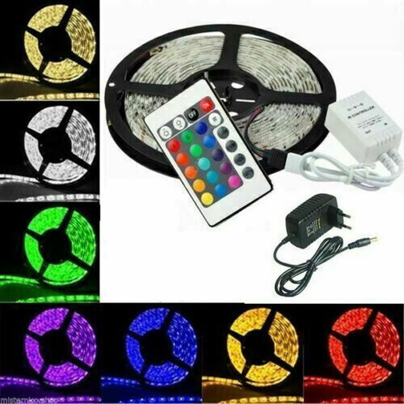 STRISCIA a LED SMD 5050 RGB IP65 5 METRI BOBINA CON ALIMENTATORE E TELECOMANDO