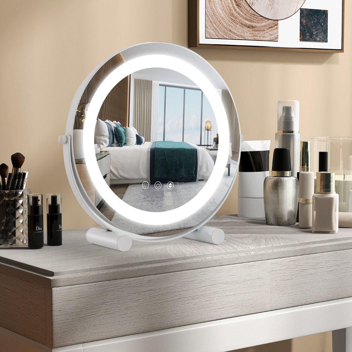 Specchio Da Toeletta Con Luci Luminosità Regolabile Controllo Tattile Intelligente, Specchio Rotondo Da 30Cm Bianco