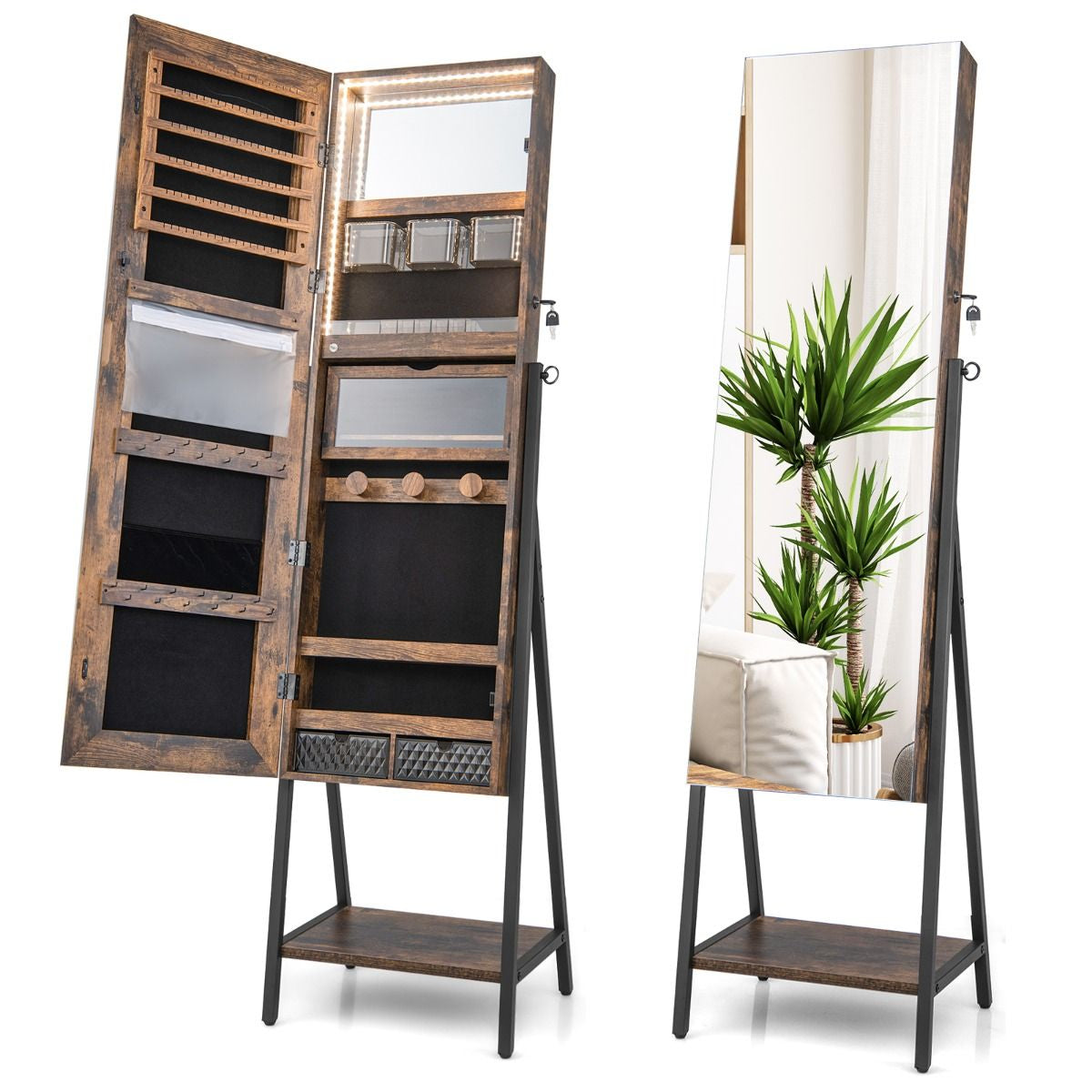 Elegante Specchio Portagioie Da Terra con Serratura e Luci LED - Armadietto Multifunzionale 41,5x37x157 cm
