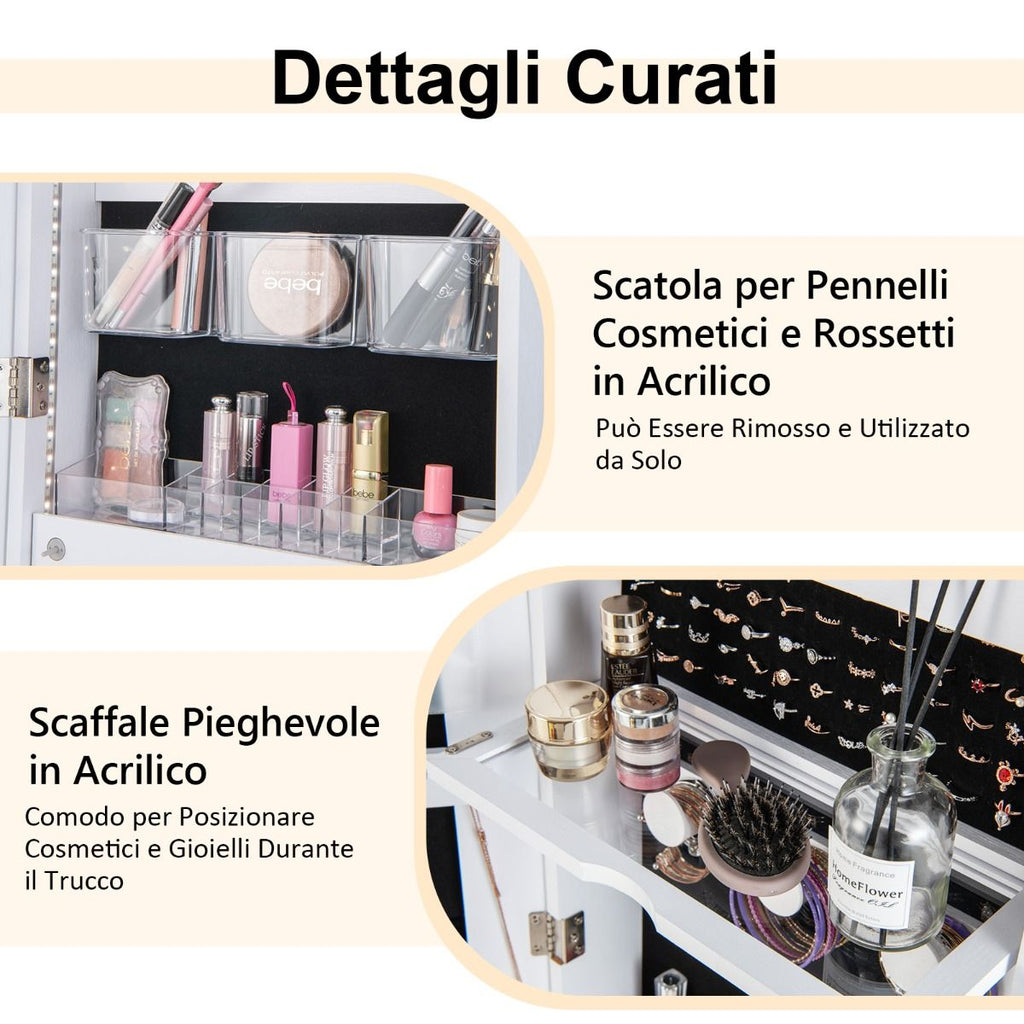Elegante Specchio Portagioie Da Terra con Serratura e Luci LED - Armadietto Multifunzionale 41,5x37x157 cm