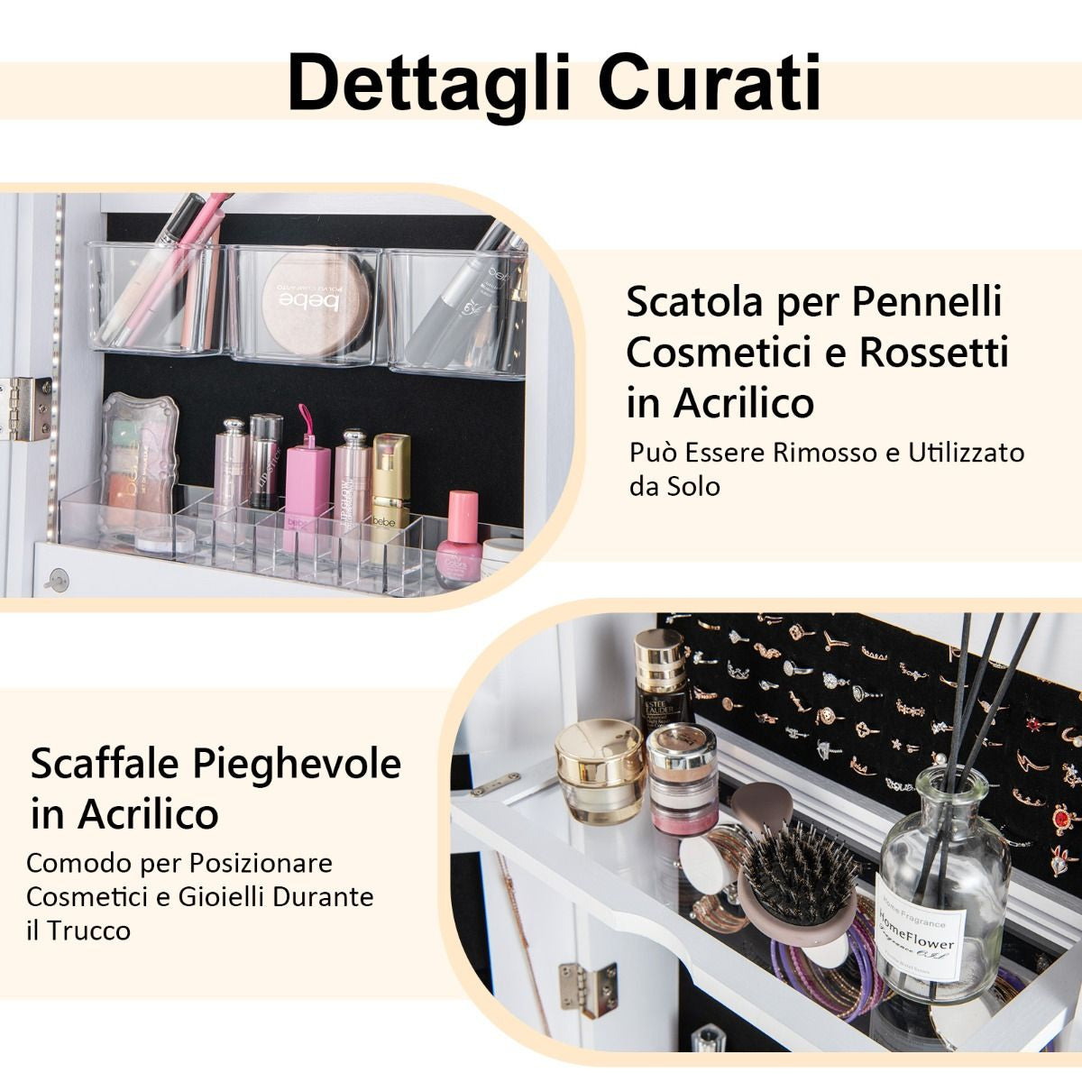 Elegante Specchio Portagioie Da Terra con Serratura e Luci LED - Armadietto Multifunzionale 41,5x37x157 cm
