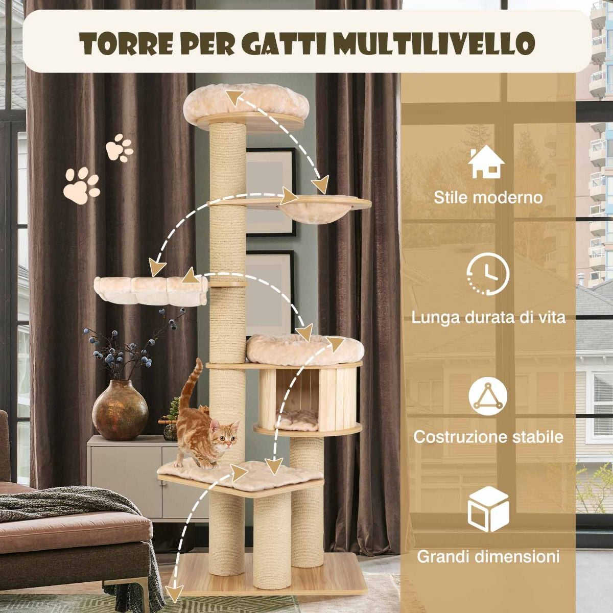 Albero Tiragraffi per Gatti Moderno E Alto, Albero per Gatti Multistrato Con Nicchia in Legno Trespolo Beige
