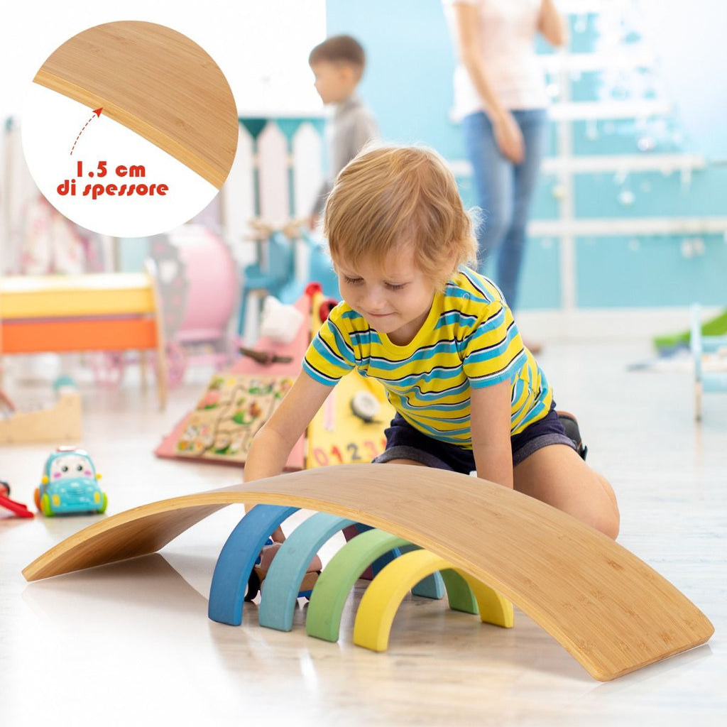 Balance Board Di Bambù Con Bordi Lucidati per Uso Interno Ed Esterno, Tavola Oscillante per Bambini E Adulti