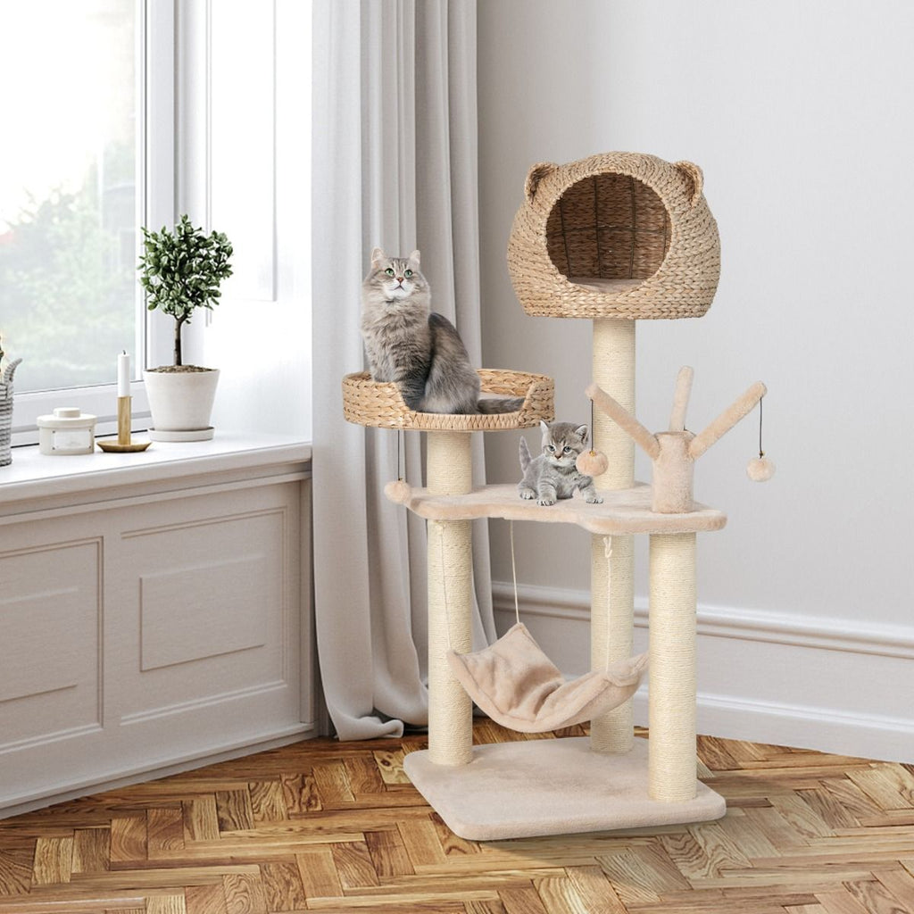 Torre per Gatti Alta 121Cm Con Casetta in Pelo Grande Letto Amaca, Centro Di Attività per Gattini Naturale