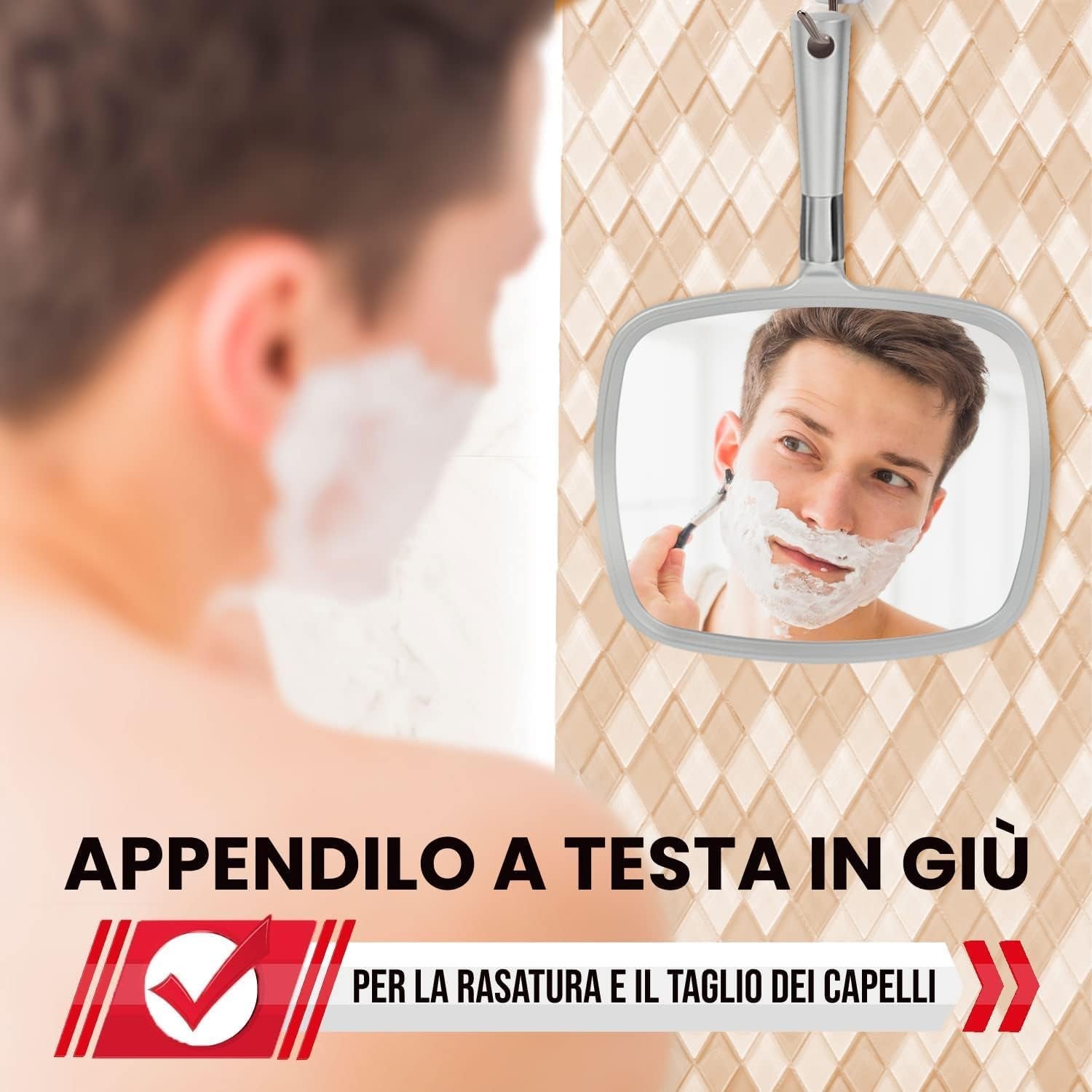Grande Specchio Portatile per Trucco con Manico Ergonomico - Specchio Cosmetico in Argento
