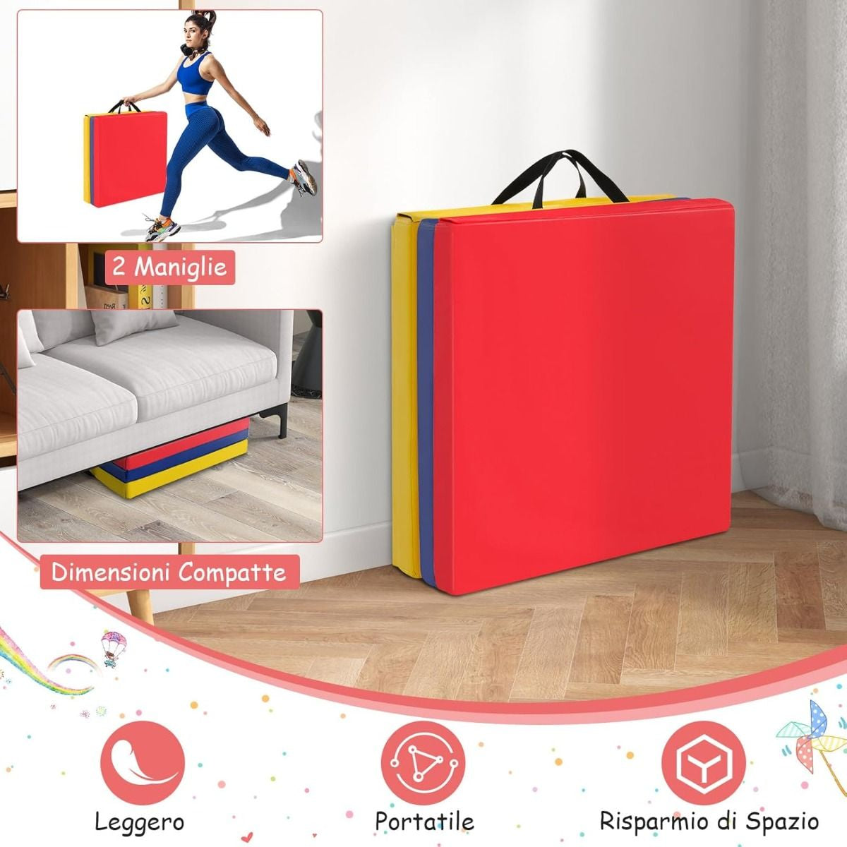 Tappetino Yoga Pieghevole in Pelle PU, Materassino Fitness Spessore Multifunzionale E Antiscivolo 180X60X5Cm 9 Colori