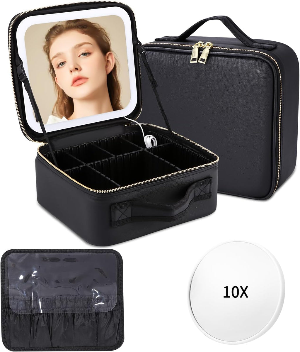 Professional Portable Makeup Case with LED Mirror, Adjustable Dividers, 3 Lighting Modes, Waterproof Cosmetic Storage for Women