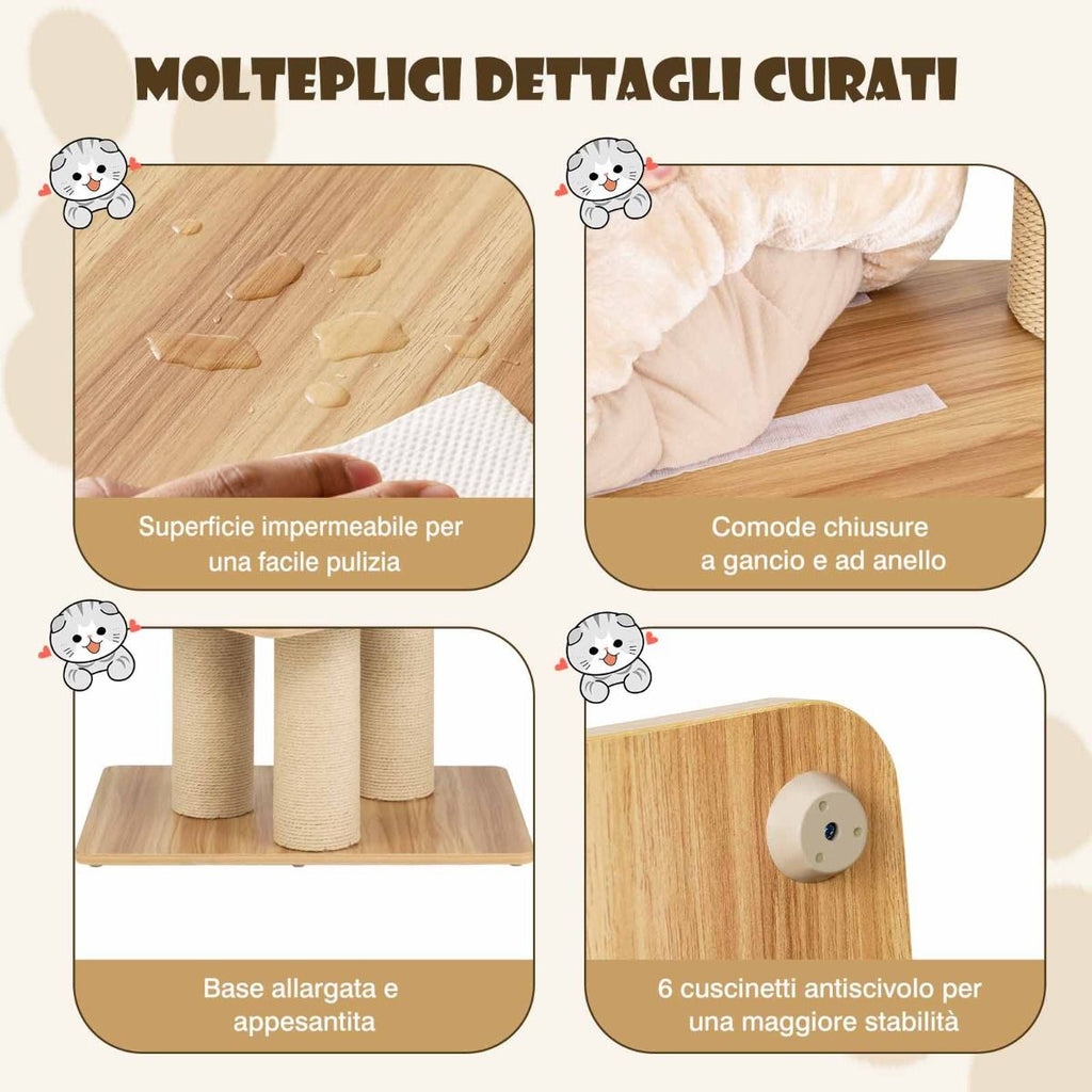 Albero Tiragraffi per Gatti Moderno E Alto, Albero per Gatti Multistrato Con Nicchia in Legno Trespolo Beige