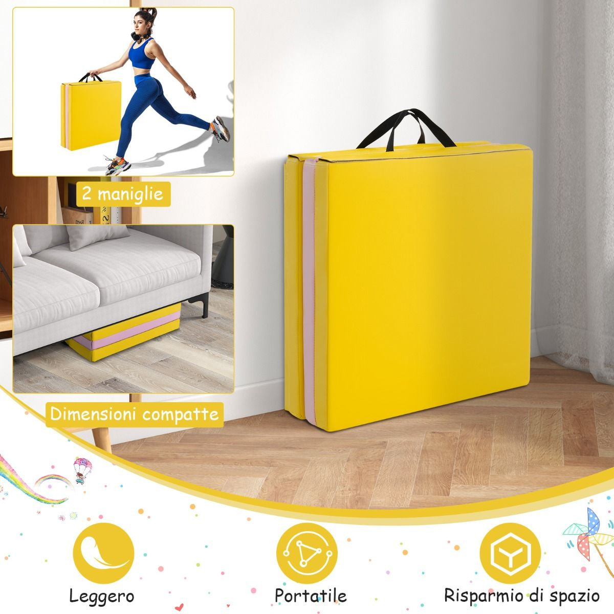 Tappetino Yoga Pieghevole in Pelle PU, Materassino Fitness Spessore Multifunzionale E Antiscivolo 180X60X5Cm 9 Colori