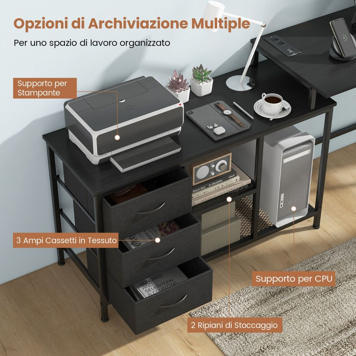 Scrivania per Computer a Forma Di L Con Prese, Scrivania Convertibile Con 3 Cassetti Di Tessuto E Ripiani in Metallo 3 Colori