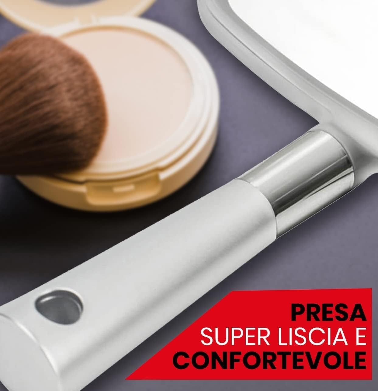 Grande Specchio Portatile per Trucco con Manico Ergonomico - Specchio Cosmetico in Argento