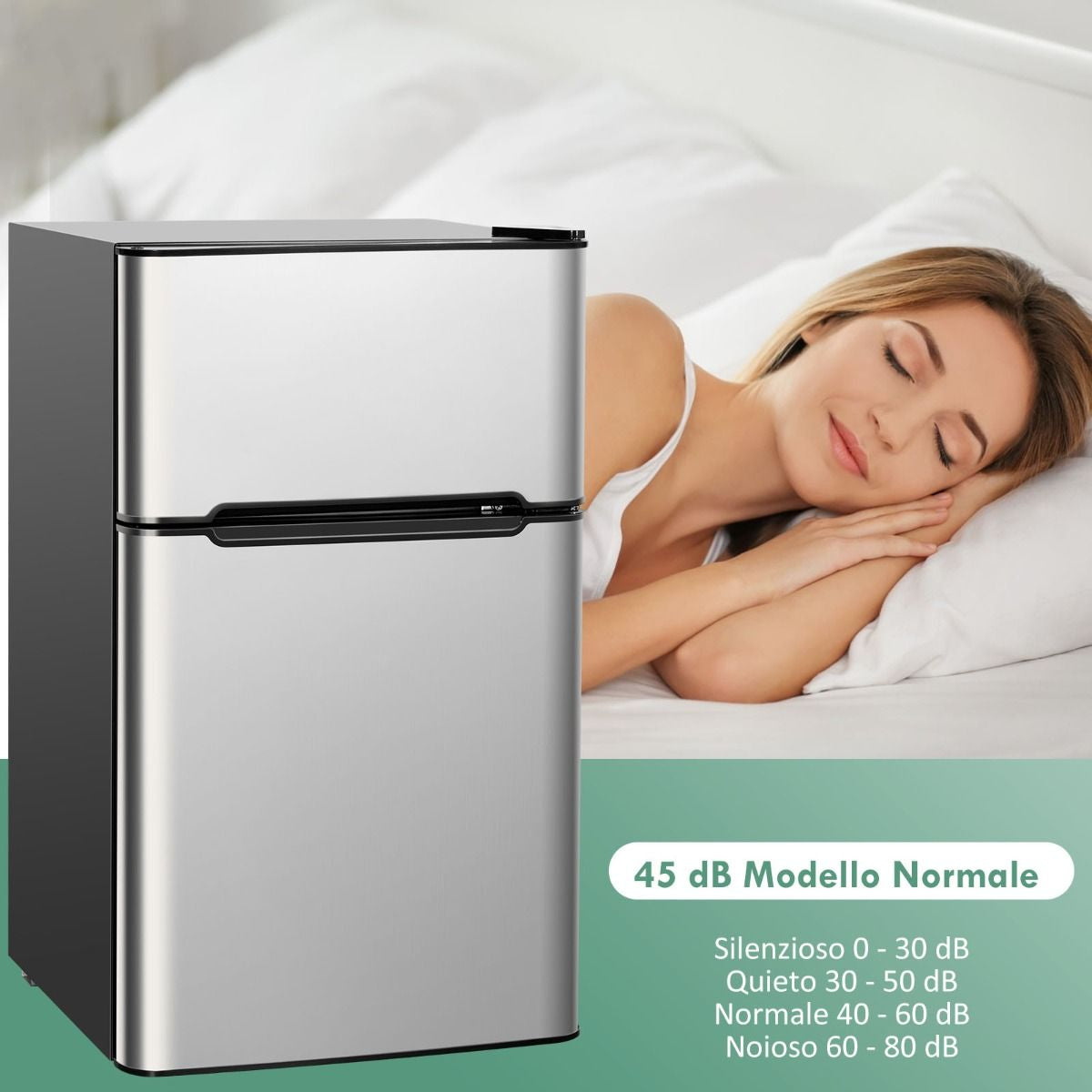 Frigorifero Compatto 90 L Con Luce LED E Refrigerazione Rapida, Freezer Silenzioso Separato Con 2 Ante Grigio