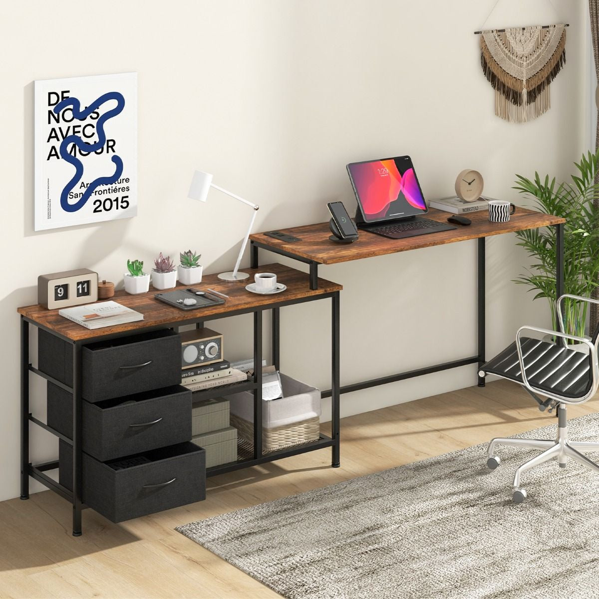 Scrivania per Computer a Forma Di L Con Prese, Scrivania Convertibile Con 3 Cassetti Di Tessuto E Ripiani in Metallo 3 Colori