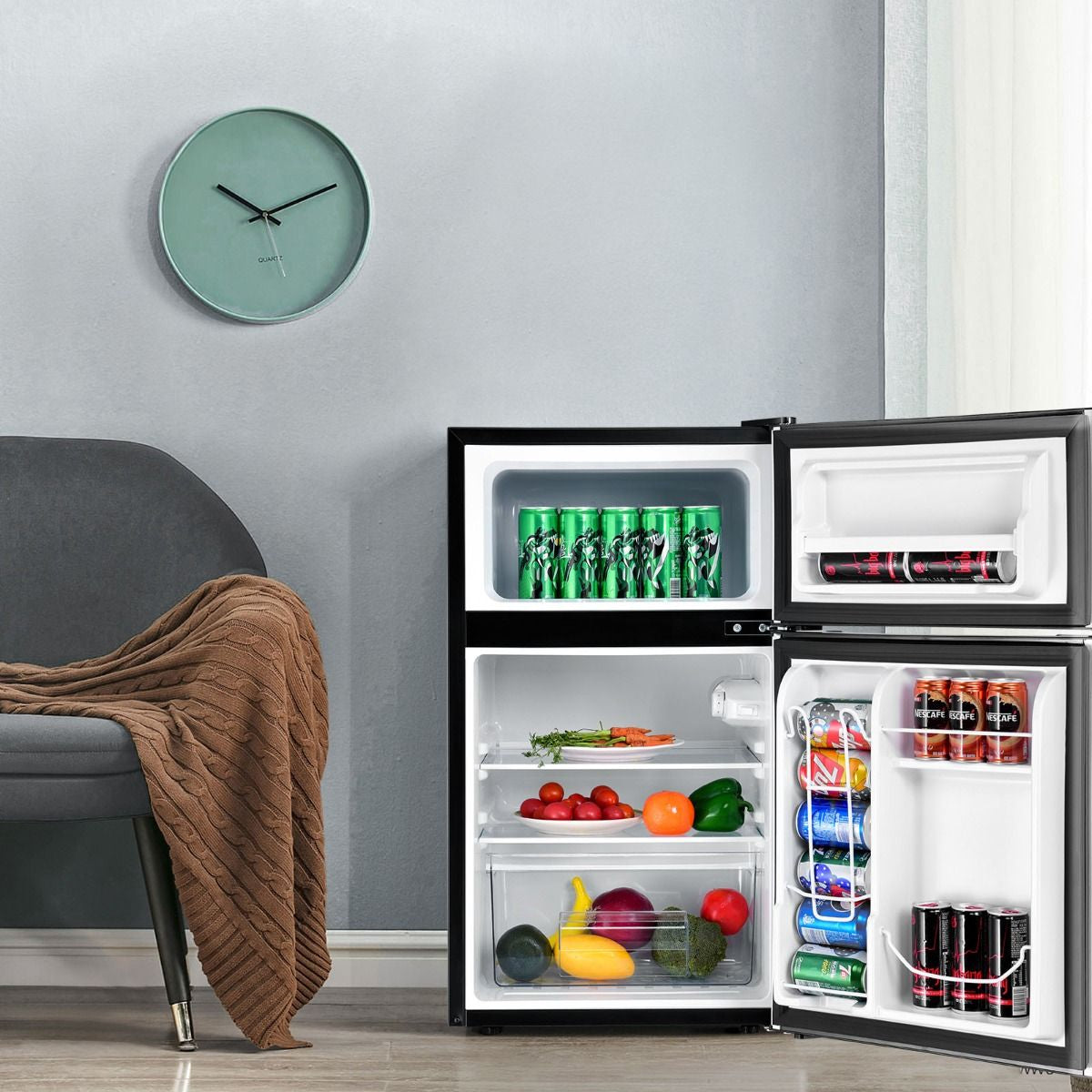 Frigorifero Compatto 90 L Con Luce LED E Refrigerazione Rapida, Freezer Silenzioso Separato Con 2 Ante Grigio