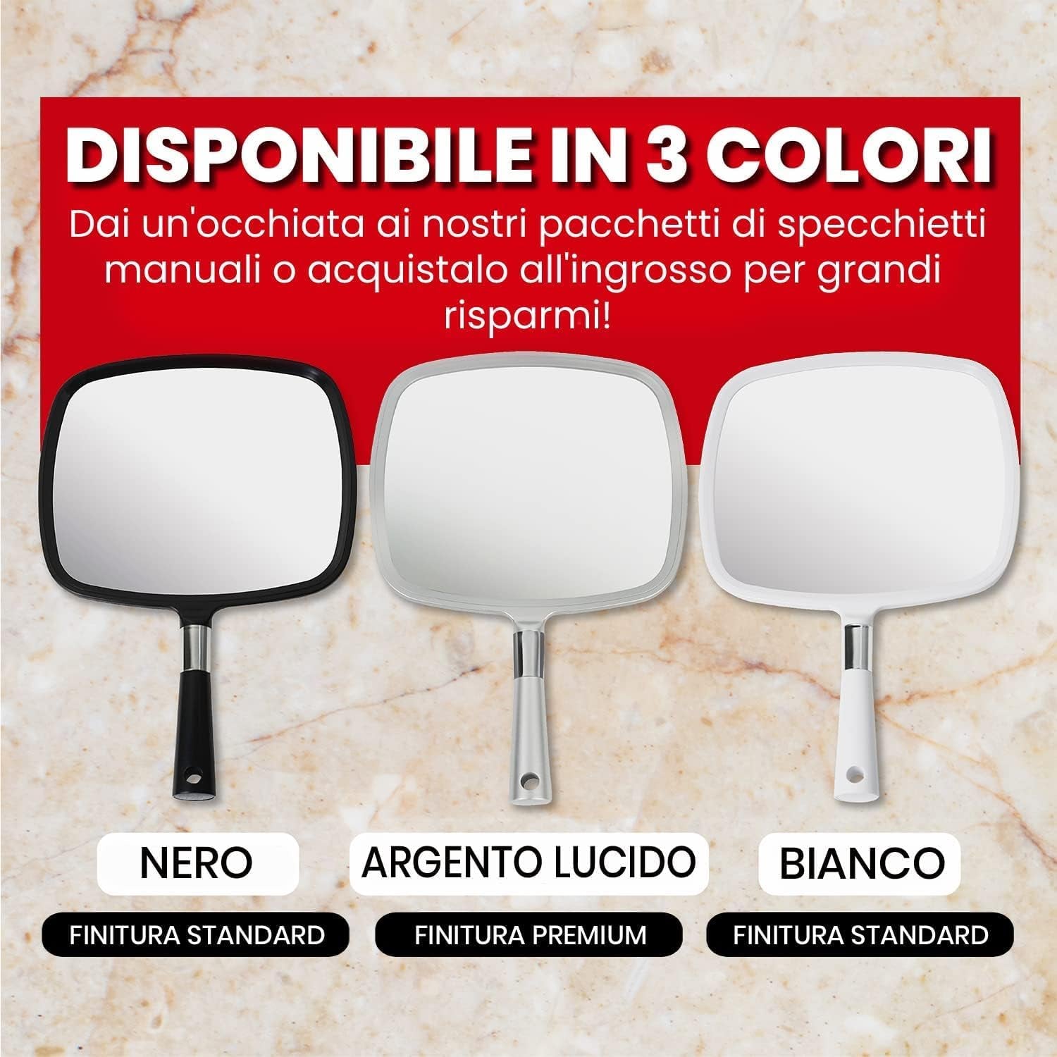 Grande Specchio Portatile per Trucco con Manico Ergonomico - Specchio Cosmetico in Argento
