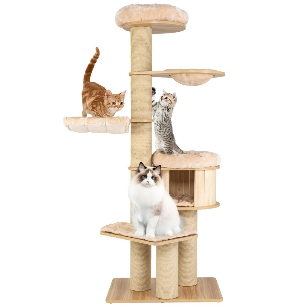 Albero Tiragraffi per Gatti Moderno E Alto, Albero per Gatti Multistrato Con Nicchia in Legno Trespolo Beige