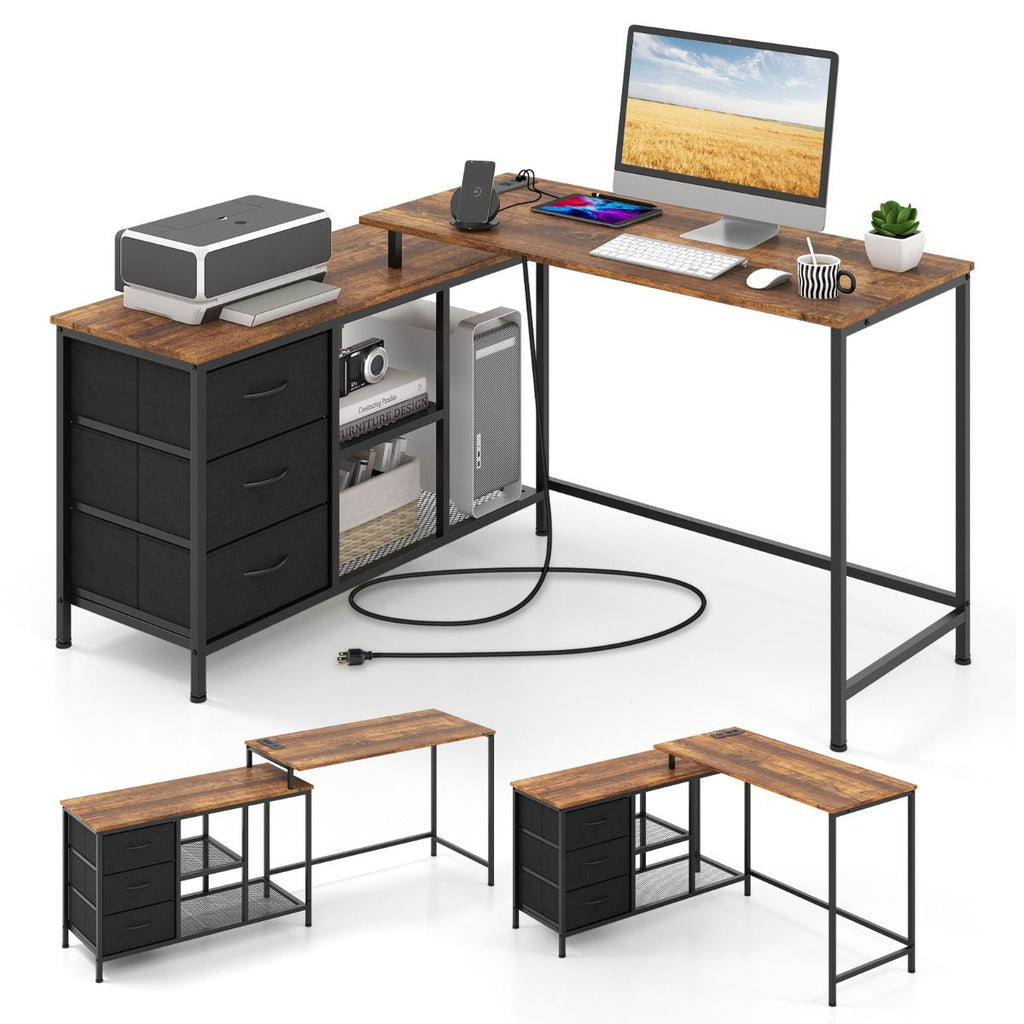 Scrivania per Computer a Forma Di L Con Prese, Scrivania Convertibile Con 3 Cassetti Di Tessuto E Ripiani in Metallo 3 Colori
