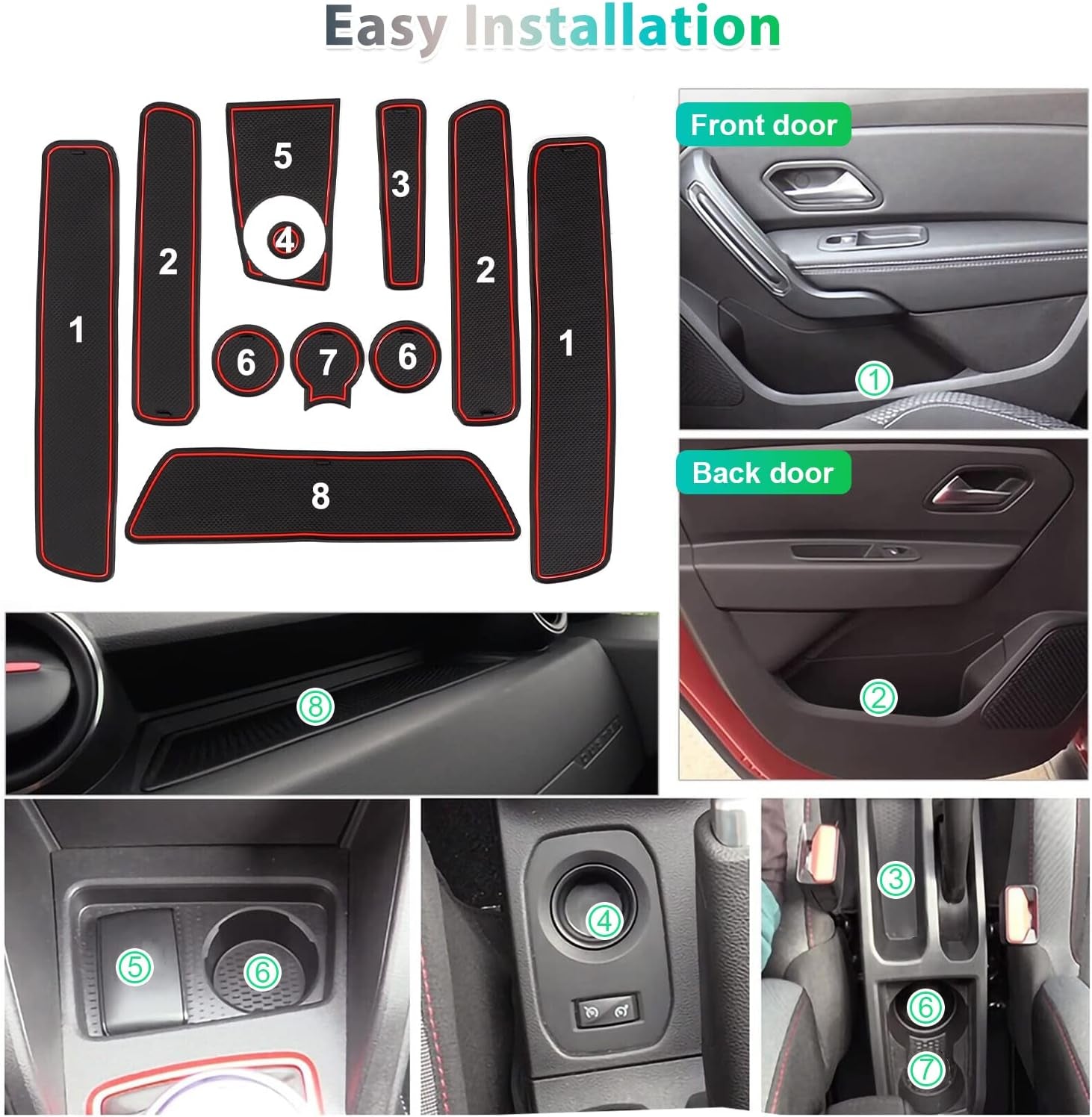 Non-Slip Rubber Floor Mats for Renault/Dacia Duster (2018–2021), Includes Central Console, Cup Holder, and Door Stitch Mats [Not Compatible with 2022 Models] (Red)