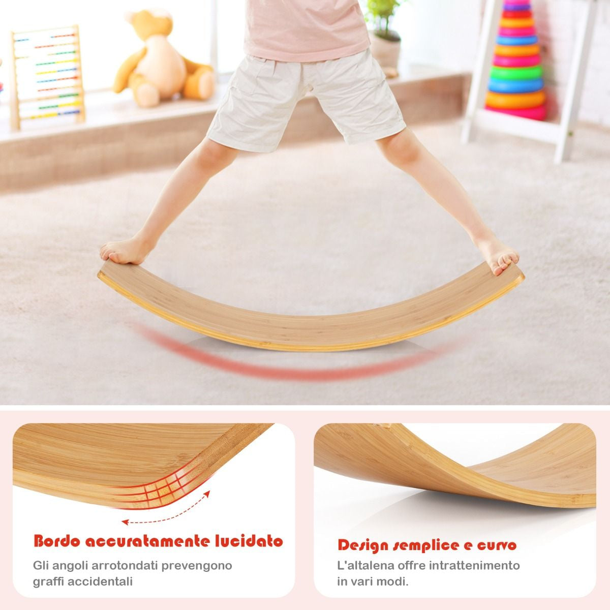 Balance Board Di Bambù Con Bordi Lucidati per Uso Interno Ed Esterno, Tavola Oscillante per Bambini E Adulti