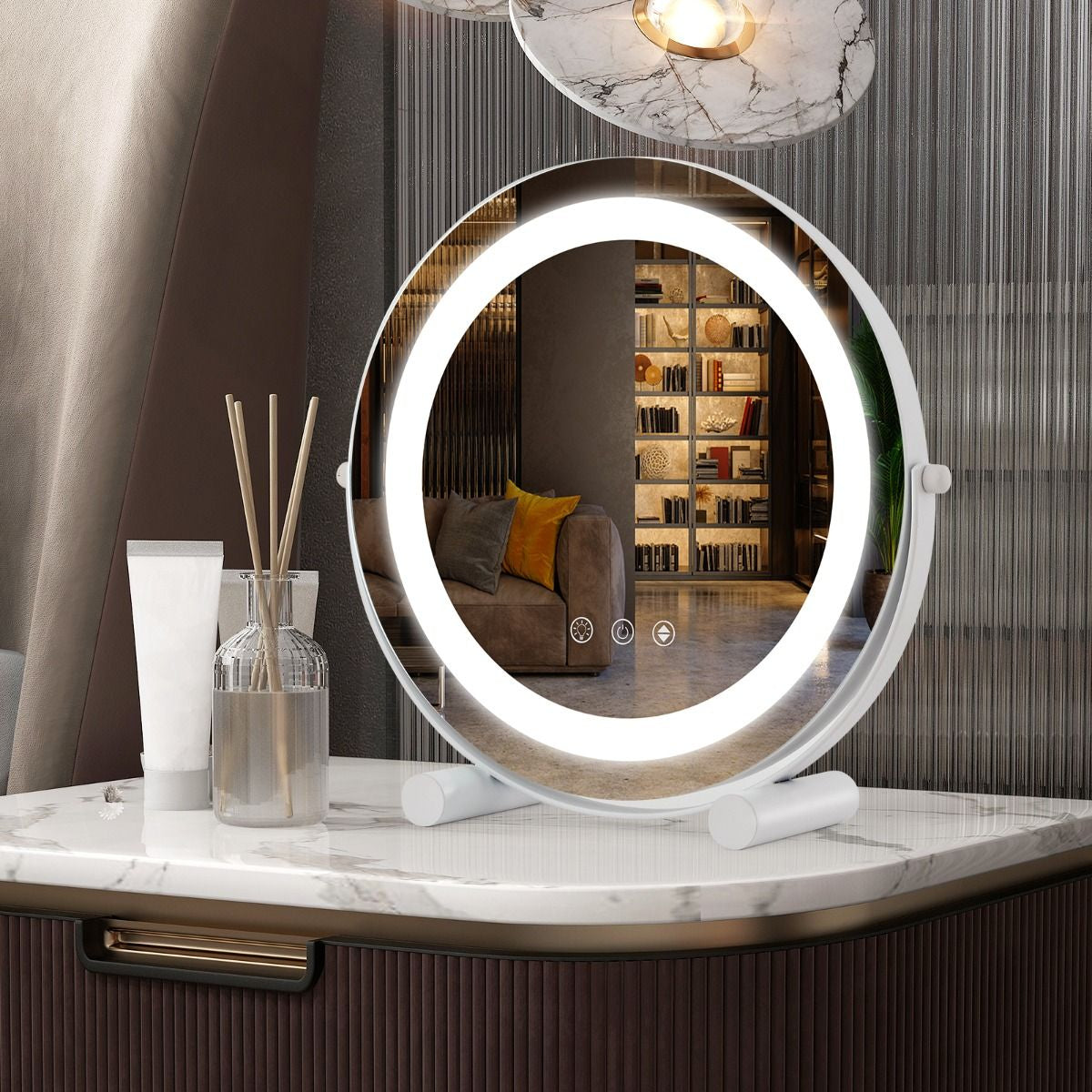 Specchio Da Toeletta Con Luci Luminosità Regolabile Controllo Tattile Intelligente, Specchio Rotondo Da 30Cm Bianco