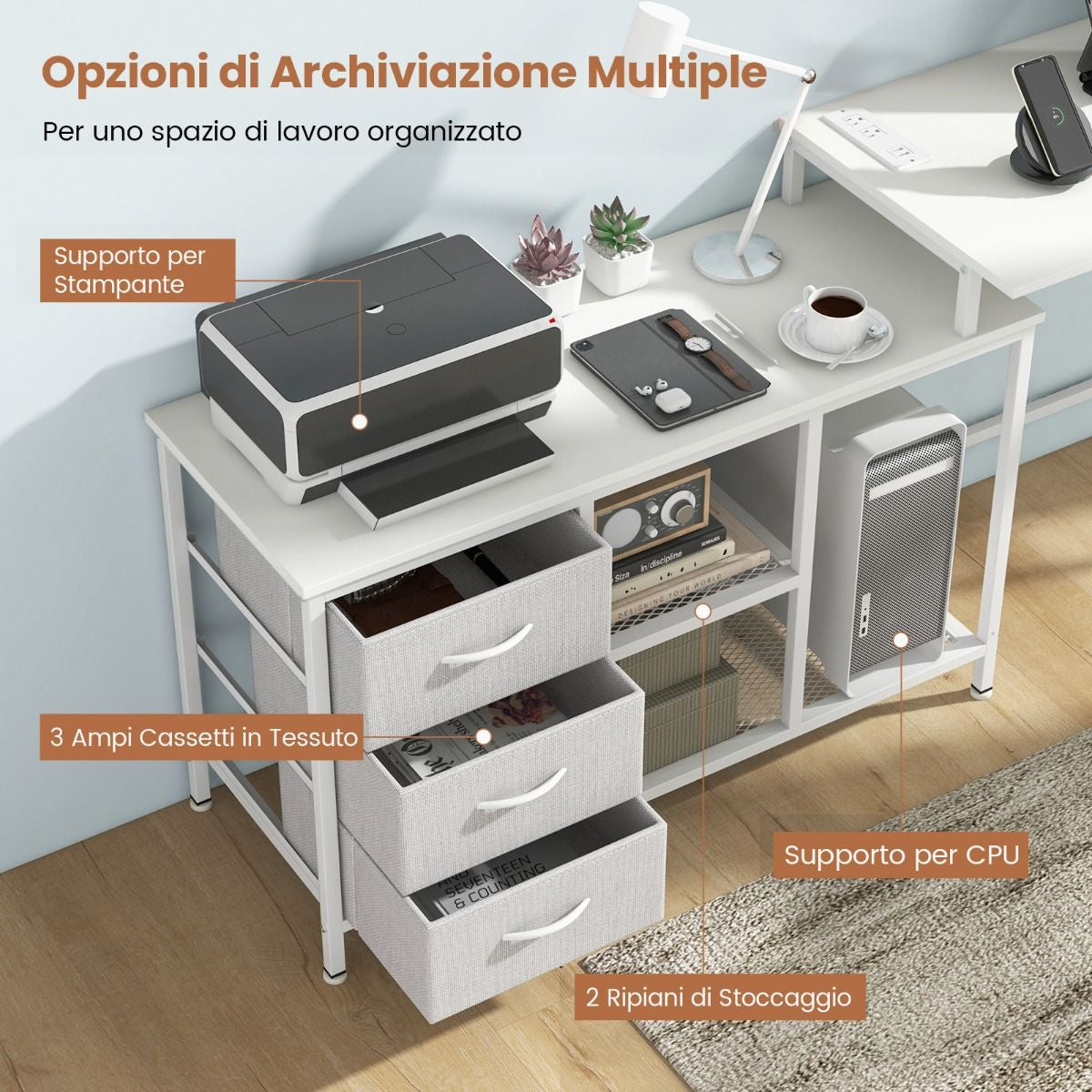 Scrivania per Computer a Forma Di L Con Prese, Scrivania Convertibile Con 3 Cassetti Di Tessuto E Ripiani in Metallo 3 Colori