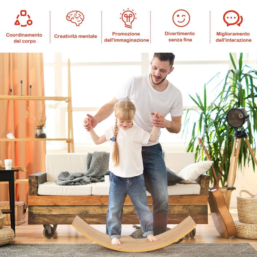 Balance Board Di Bambù Con Bordi Lucidati per Uso Interno Ed Esterno, Tavola Oscillante per Bambini E Adulti