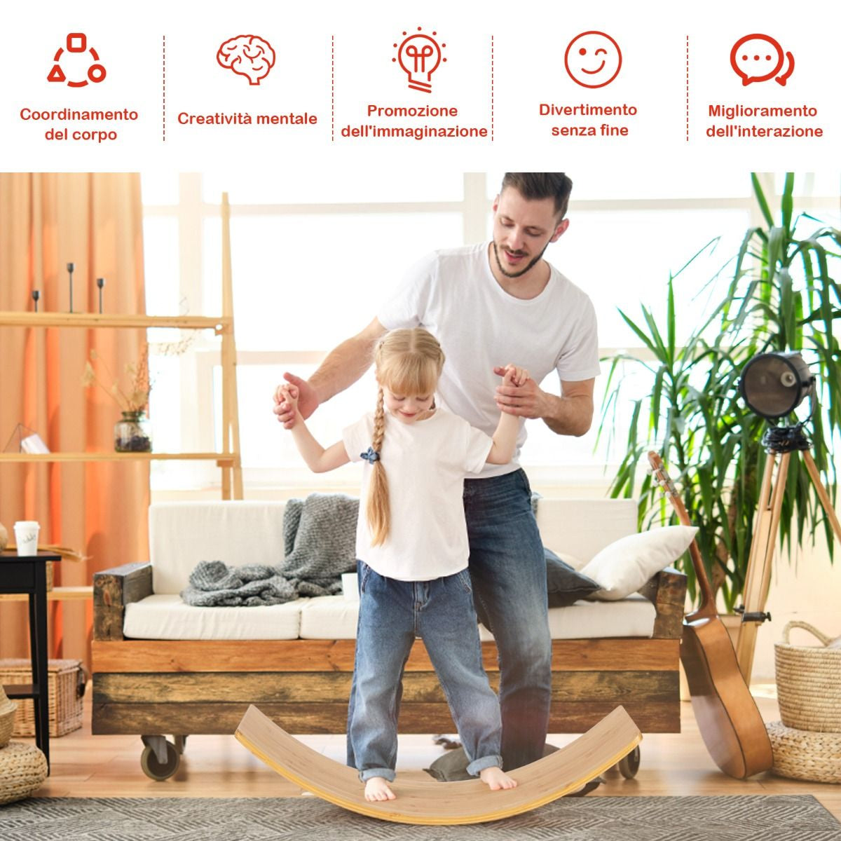 Balance Board Di Bambù Con Bordi Lucidati per Uso Interno Ed Esterno, Tavola Oscillante per Bambini E Adulti