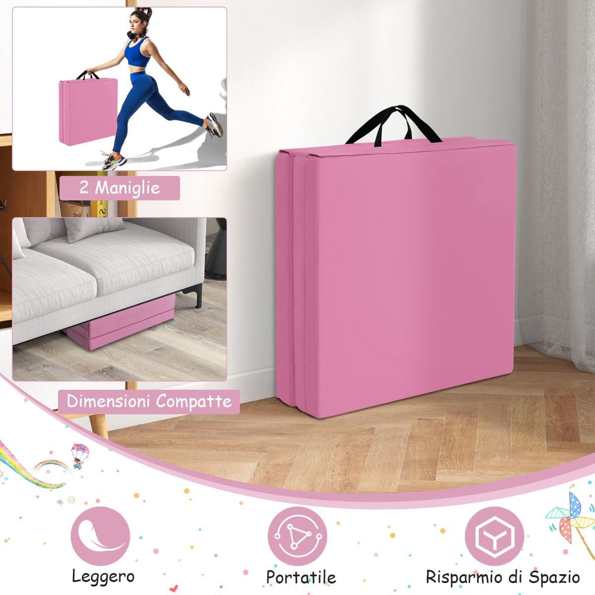 Tappetino Yoga Pieghevole in Pelle PU, Materassino Fitness Spessore Multifunzionale E Antiscivolo 180X60X5Cm 9 Colori