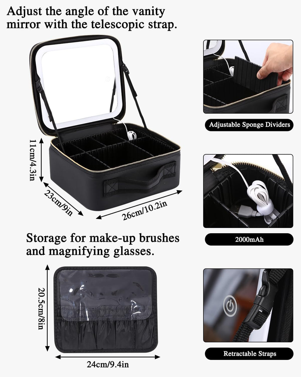 Professional Portable Makeup Case with LED Mirror, Adjustable Dividers, 3 Lighting Modes, Waterproof Cosmetic Storage for Women