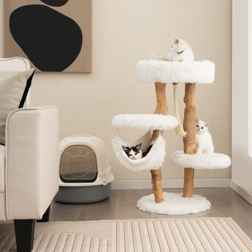 Albero Tiragraffi per Gatti in Legno Con Pali Di Corda Di Iuta, Mobile per Gatti Con Piattaforma E Amaca Bianco