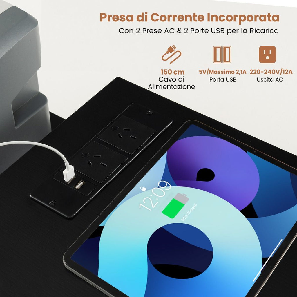 Scrivania per Computer a Forma Di L Con Prese, Scrivania Convertibile Con 3 Cassetti Di Tessuto E Ripiani in Metallo 3 Colori