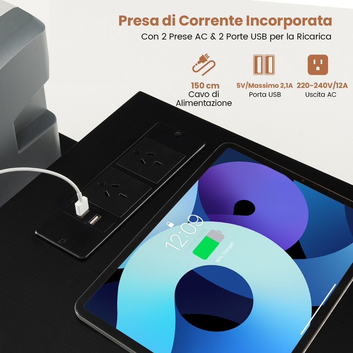 Scrivania per Computer a Forma Di L Con Prese, Scrivania Convertibile Con 3 Cassetti Di Tessuto E Ripiani in Metallo 3 Colori