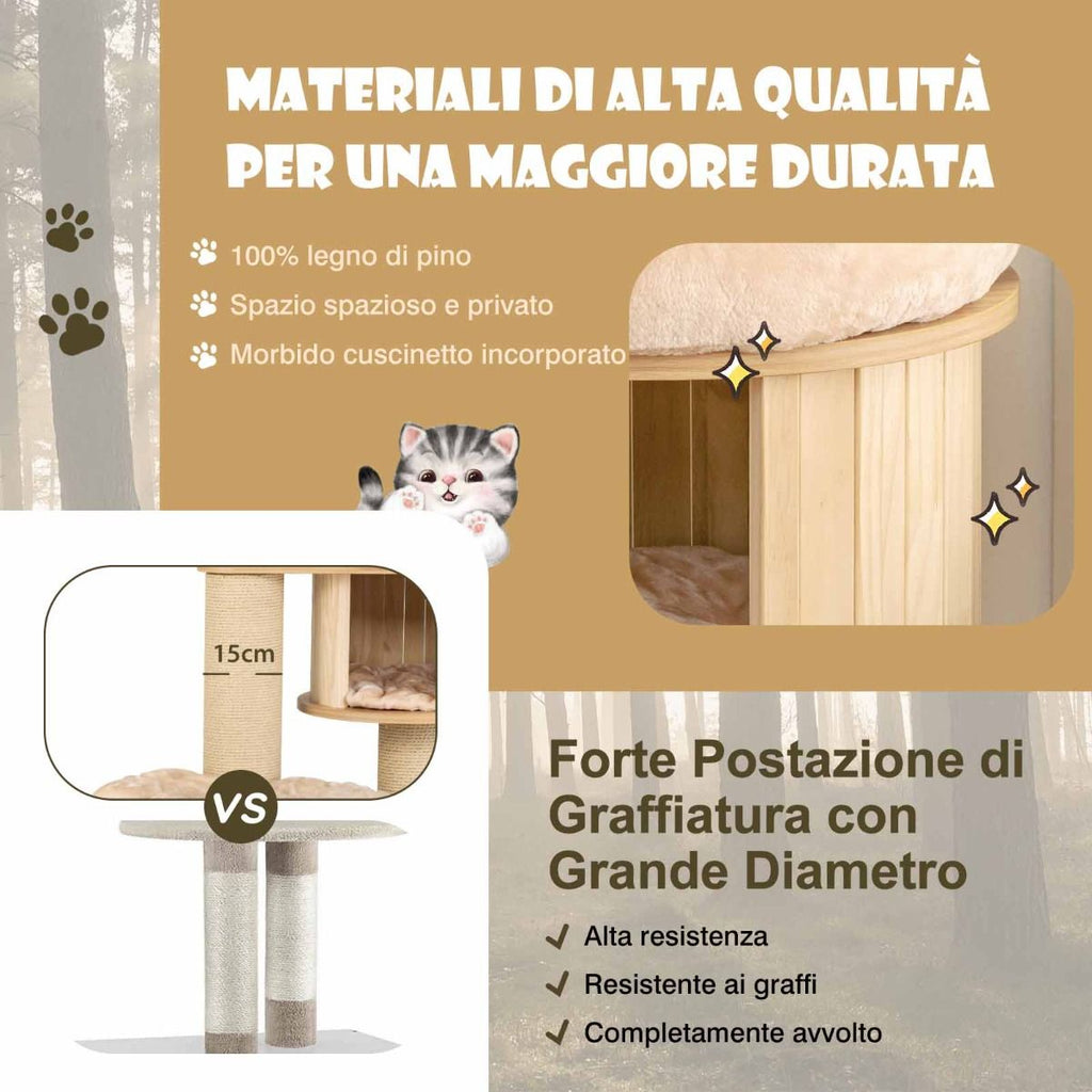Albero Tiragraffi per Gatti Moderno E Alto, Albero per Gatti Multistrato Con Nicchia in Legno Trespolo Beige