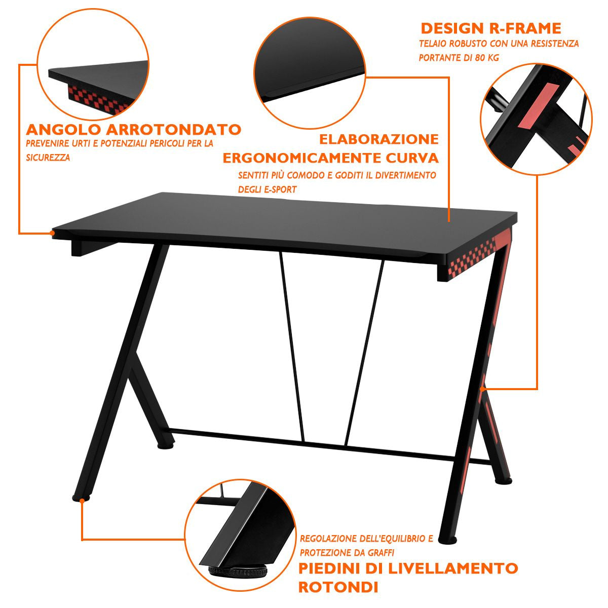 Scrivania Gaming Ergonomica Da 116Cm, Scrivania Multiuso per PC Con Struttura in Metallo Nero