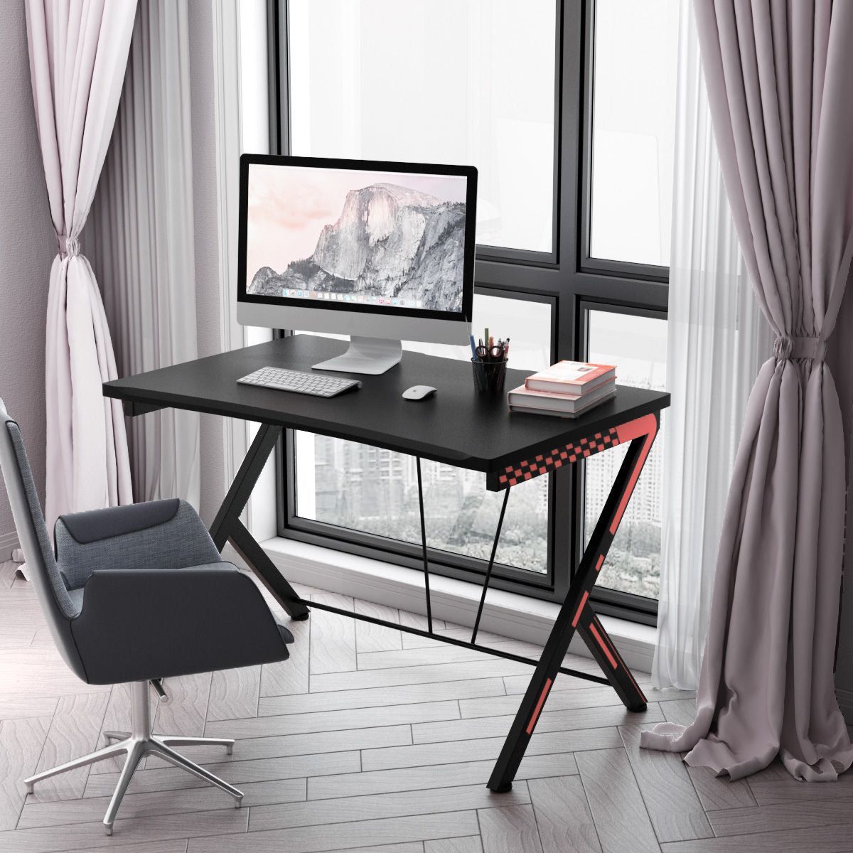 Scrivania Gaming Ergonomica Da 116Cm, Scrivania Multiuso per PC Con Struttura in Metallo Nero